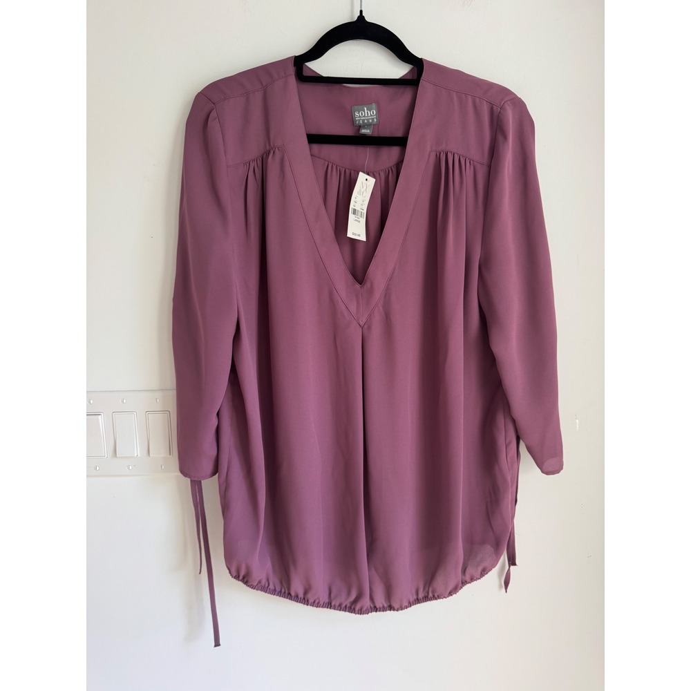 NY&C Soho Jeans Plum Purple V-Neck Blouse 3/4 Tie Sleeve Blouson Top Large NEW